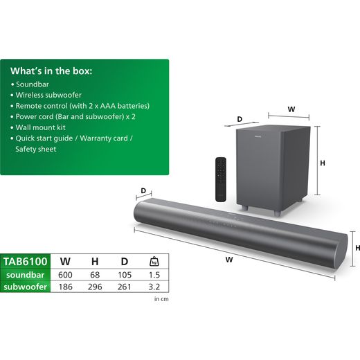 Philips TAB6100/10 Bluetooth 2.1 Soundbar - Grey - Annotation - What's in the box