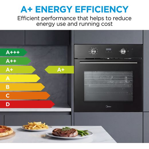 Midea Xpress Fry MBO65M90D2-BK Built In Electric Single Oven - Black - Annotation - Energy rating