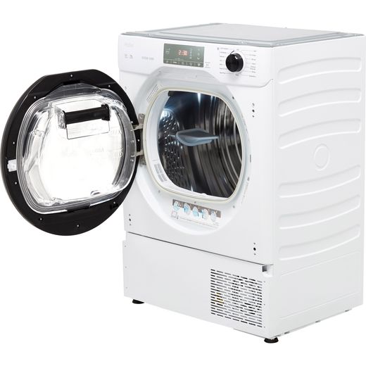 Haier Series 4 HDBIH7A2TBEX Integrated 7Kg Heat Pump Tumble Dryer - White - Left perspective with door open shot