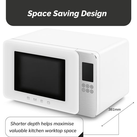 Smeg Collezione MOC01WHMUK 26 Litre 30cm High, Freestanding Small Microwave With Grill - White - Annotation -  space saving design