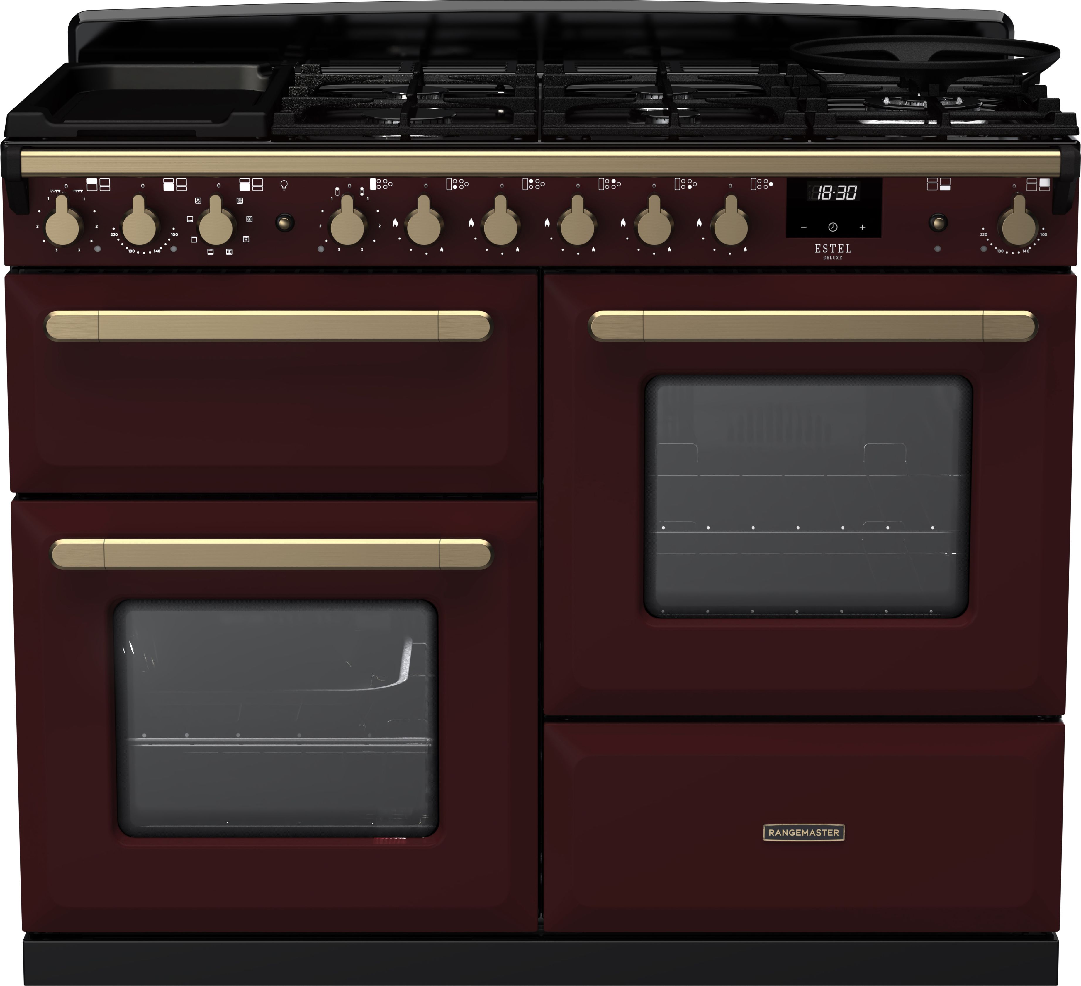 Image of Rangemaster Estel Deluxe ESDLO110DFPBOR/AB1 110cm wide Dual Fuel Range Cooker with Gas Hob - Bordeaux / Antique Brass - A/A Rated, Red