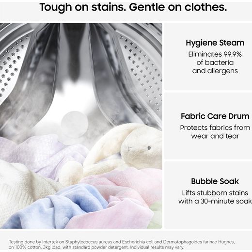 Samsung Series 8 AI Energy ecobubble™ WW11DB8B95GHU1 11kg WiFi Connected Washing Machine with 1400 rpm - White - Annotation - Tough on stains