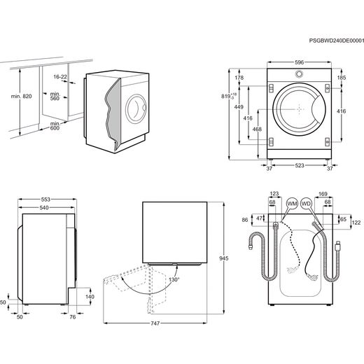 AEG 7000 Series Integrated 7Kg / 4Kg Washer Dryer - White - Annotation - Dimension shot