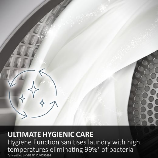Haier X Series 5 HD90-D357U1-UK Wifi Connected 9Kg Heat Pump Tumble Dryer - White - Annotation - Hygiene function shot
