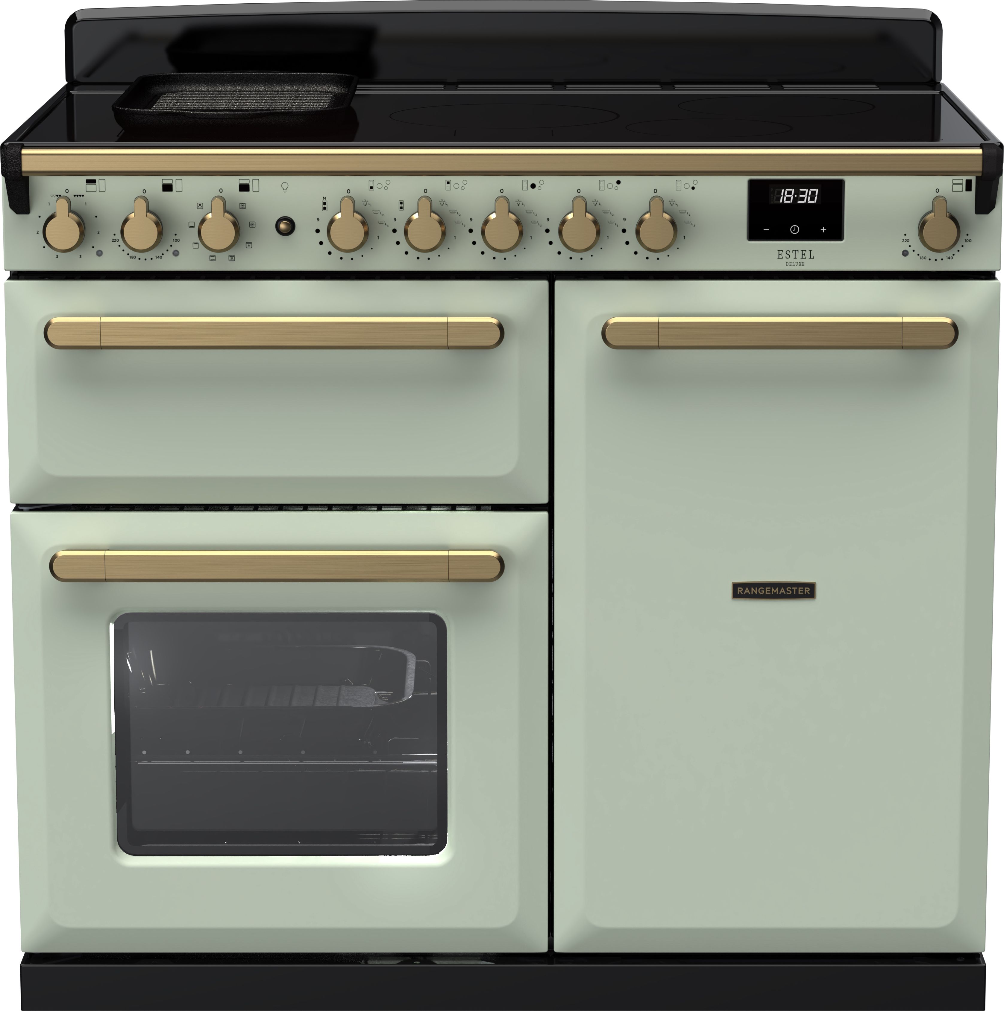 Image of Rangemaster Estel Deluxe ESDL100EIPMNT/AB1 100cm wide Electric Range Cooker with Induction Hob - Mint Green / Brass - A/A Rated, Green