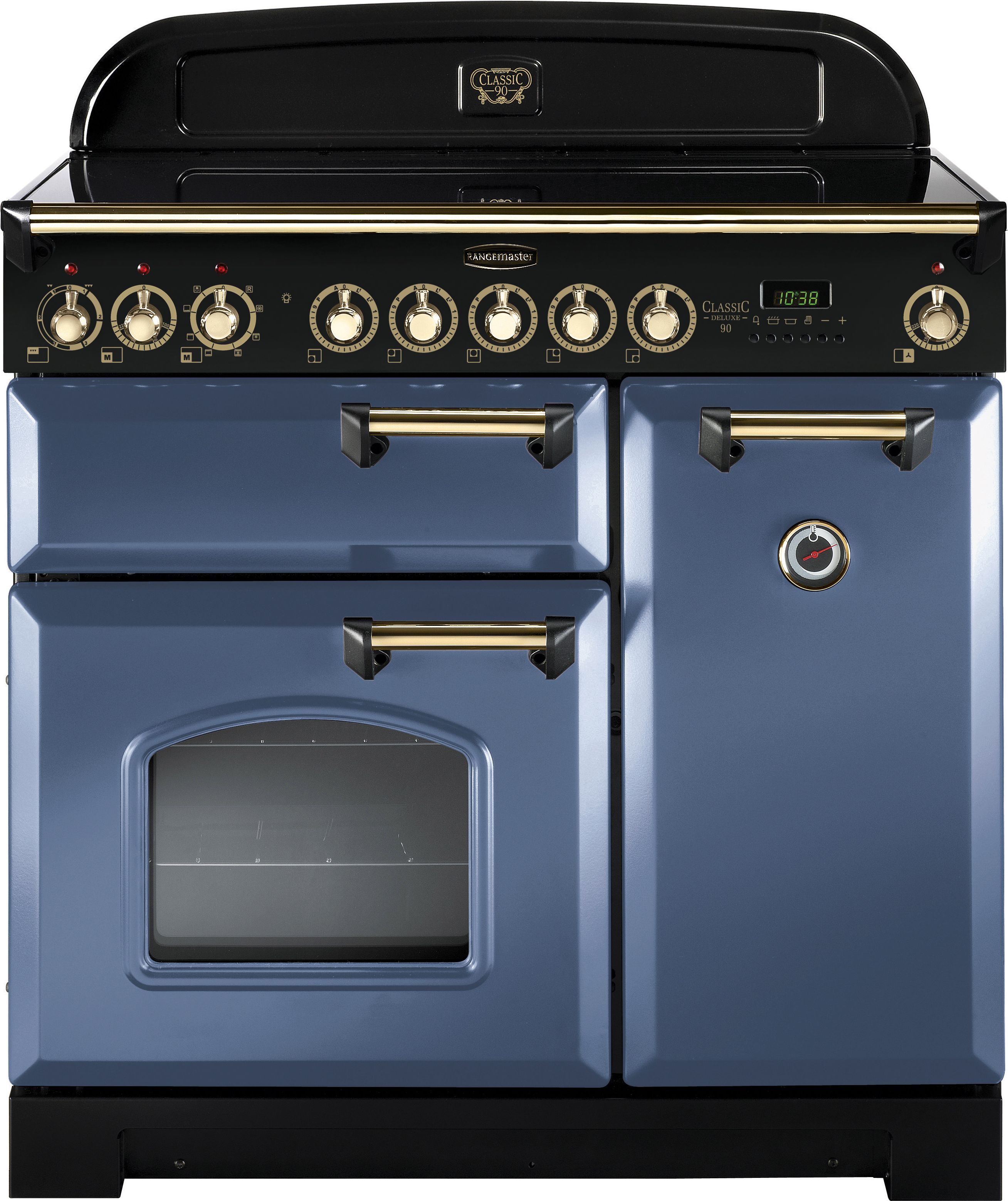 Rangemaster Classic Deluxe CDL90EISB/B 90cm Electric Range Cooker with Induction Hob - Stone Blue / Brass - A/A Rated, Blue