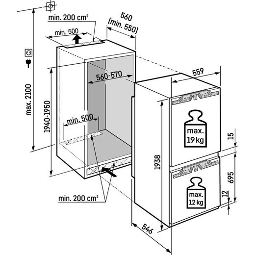 Liebherr Pure ICNd5603 194cm Integrated Frost Free Fridge Freezer - White - Annotation - Dimension  shot