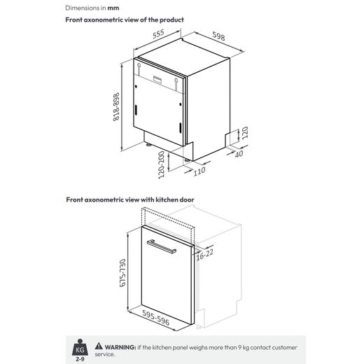 Hoover H-DISH 700 Fully Integrated Standard Dishwasher - Silver - Dimensions