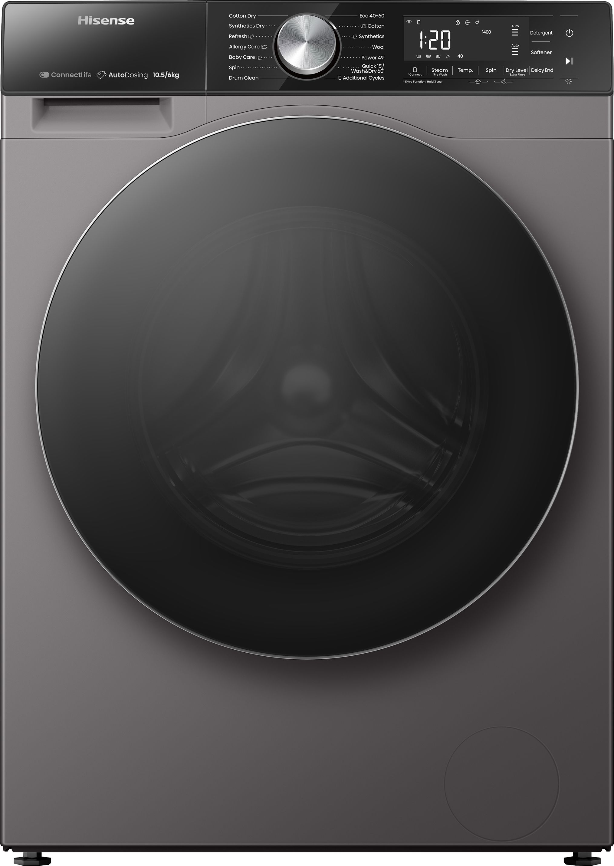 Image of Hisense 5S Series WD5S1045BT Wifi Connected 10.5Kg/6Kg Washer Dryer with 1400 rpm - Titanium - D Rated [Wash&Dry], A Rated [Wash Only], Titanium