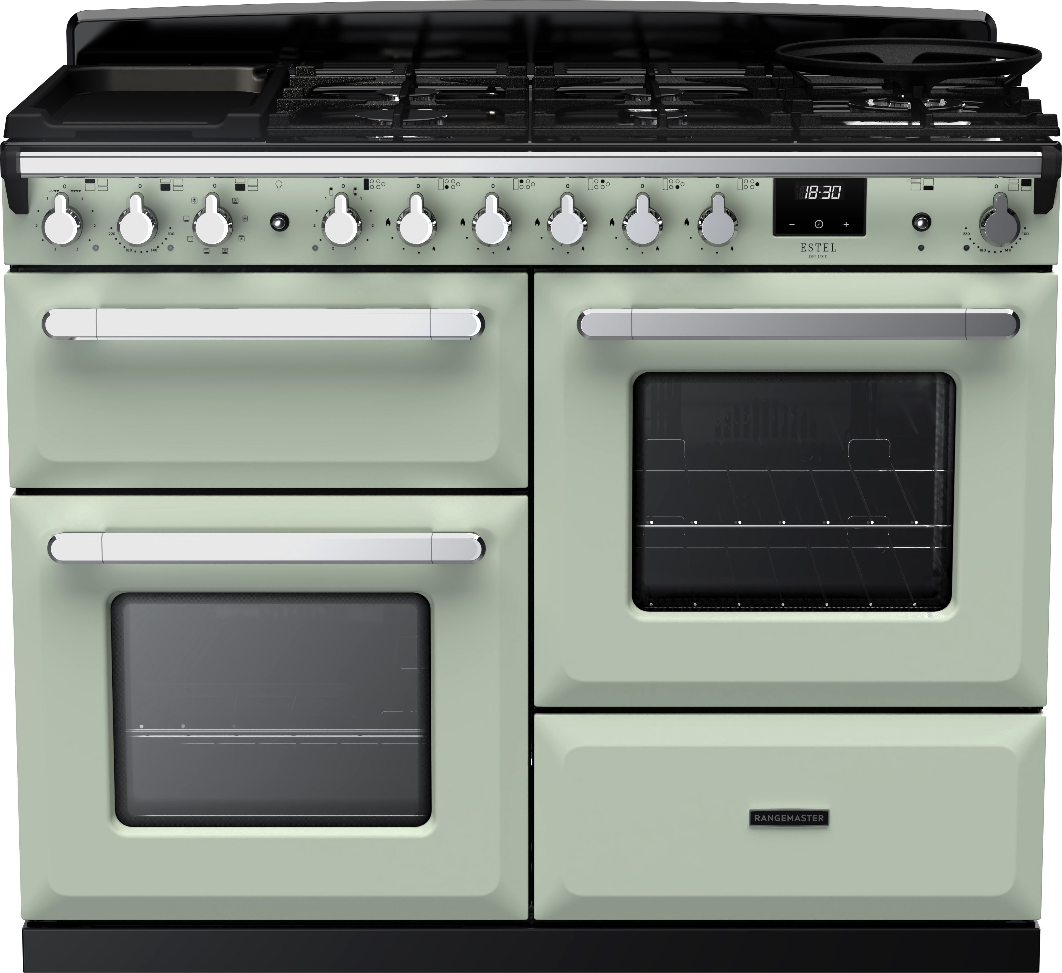 Image of Rangemaster Estel Deluxe ESDLO110DFPMNT/CM1 110cm wide Dual Fuel Range Cooker with Gas Hob - Mint / Chrome - A/A Rated, Green