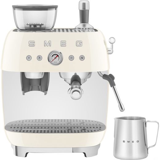 Smeg EGF03CRUK Coffee Machines Almond Cream - Front with milk pot shot