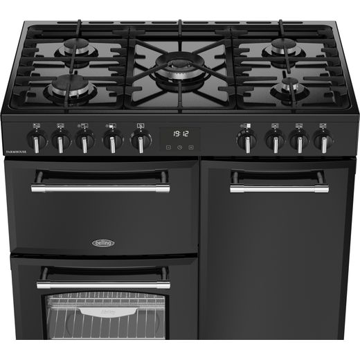 Belling FARMHOUSE 90DF Dual Fuel Range Cooker - Black - Hob perspective shot