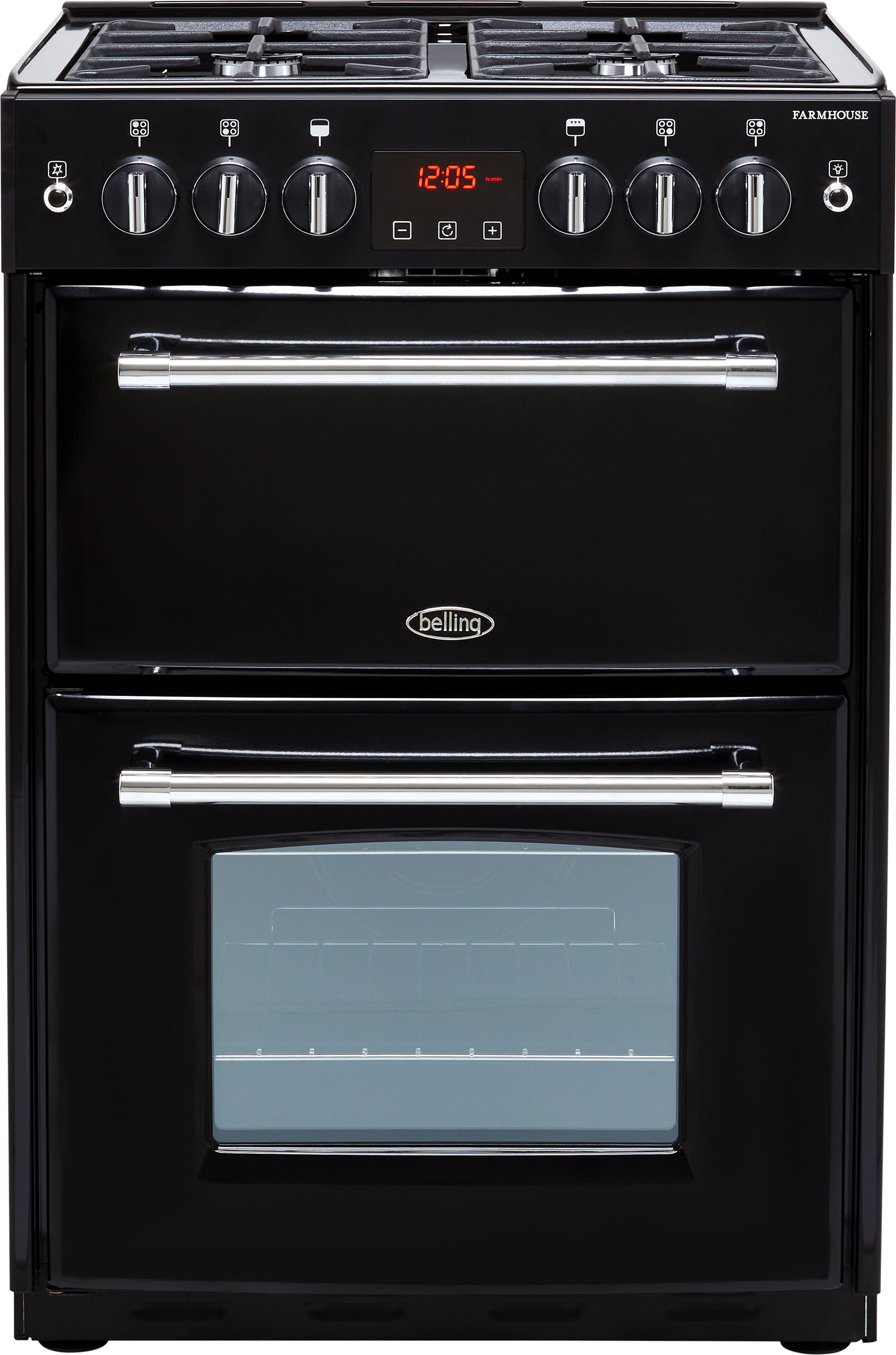 Belling Farmhouse60G 60cm Freestanding Gas Cooker with Full Width Electric Grill - Black - A+/A Rated, Black