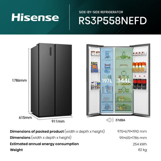Hisense PureFlat American Fridge Freezer - Black Stainless Steel - Dimensions
