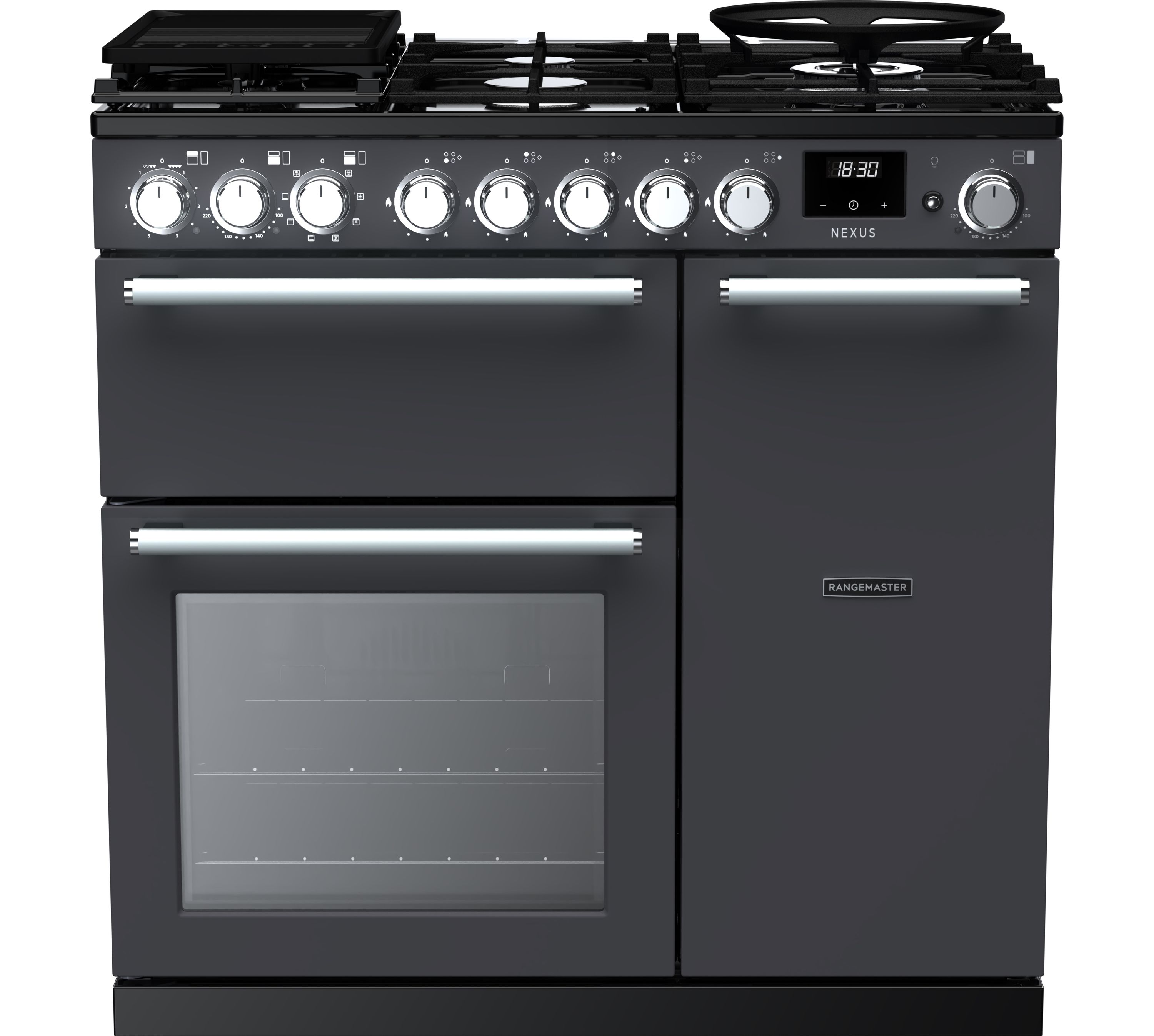 Rangemaster Nexus NEX90DFPSLT/CM1 90cm wide Dual Fuel Range Cooker with Gas Hob - Slate - A Rated, Graphite