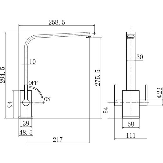 Rangemaster Kube Dual Lever Kitchen Tap - Matt Black - annotation - dimension shot
