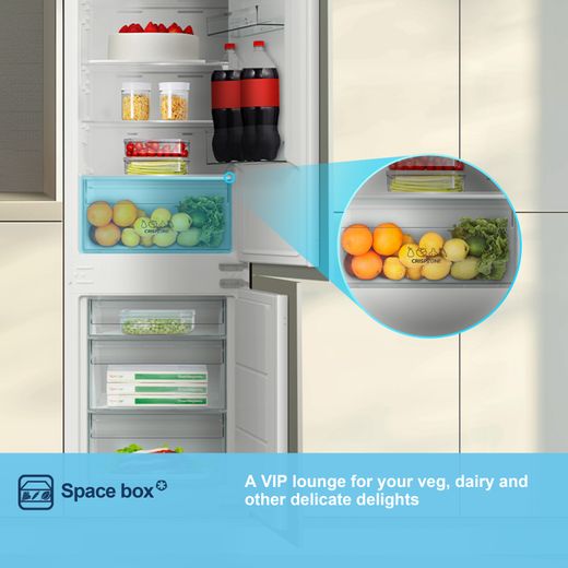Fridgemaster MBC55252NE 177cm 70/30 Integrated No Frost Fridge Freezer with Sliding Door Fixing Kit - White - Annotation - Space box