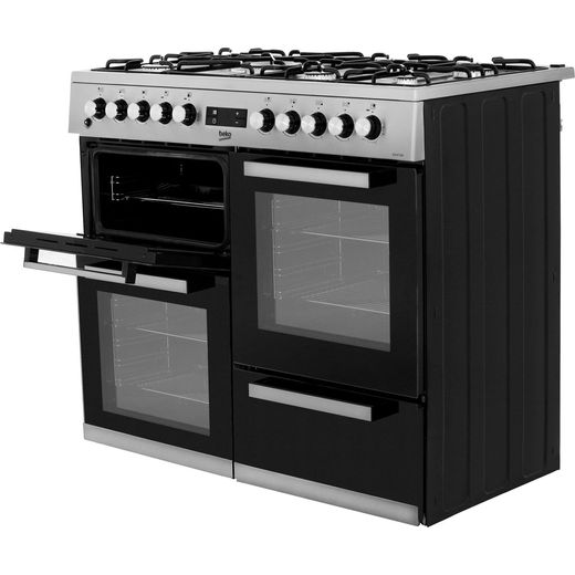 Beko 100cm Dual Fuel Range Cooker - Stainless Steel - Top left door open