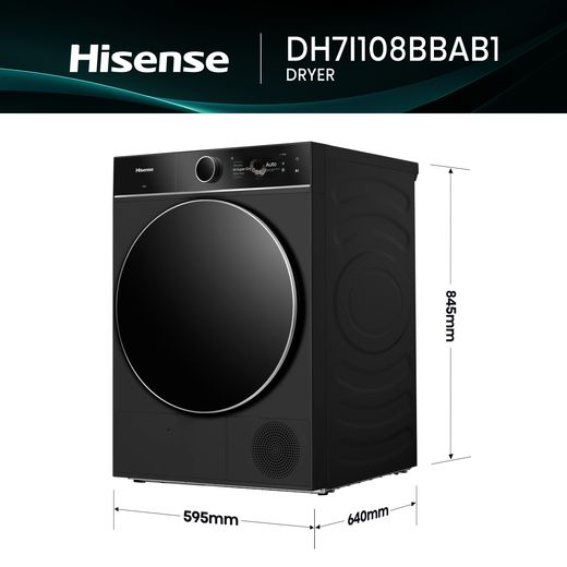Hisense 3D Drying 7i Series DH7I108BBAB1 Wifi Connected Heat Pump Tumble Dryer - Black - Dimensions