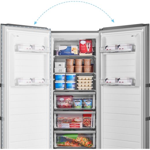 Midea Frost Free Upright Freezer - Brushed Steel - Annotation - Reversible door