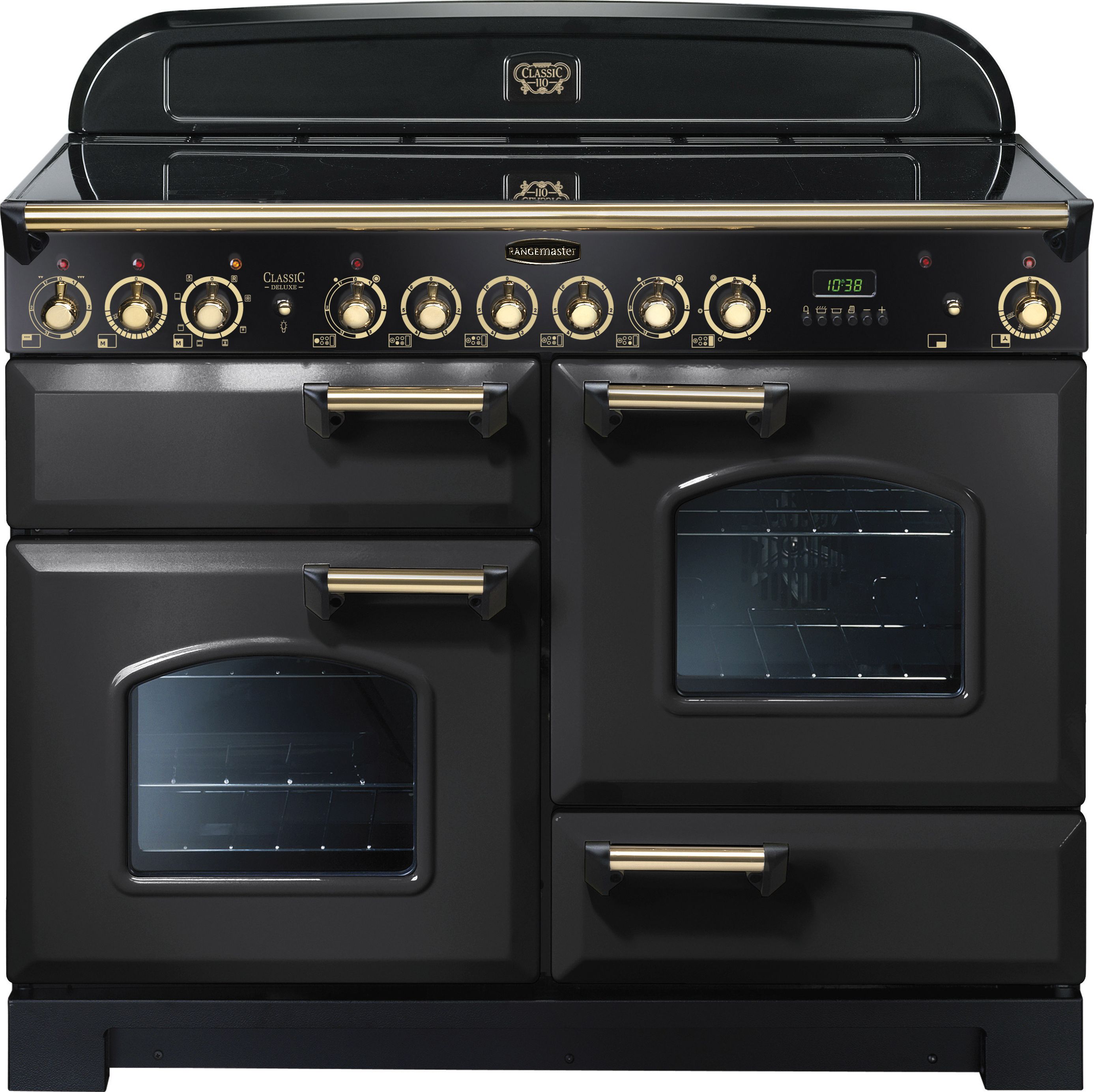 Rangemaster Classic Deluxe CDL110ECCB/B 110cm Electric Range Cooker with Ceramic Hob - Charcoal Black / Brass - A/A Rated, Black