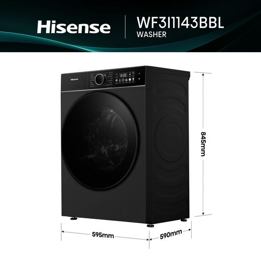 Hisense 3i KitchenFit Series WF3I1143BBL 11kg WiFi Connected Washing Machine with 1400 rpm - Black - Dimensions