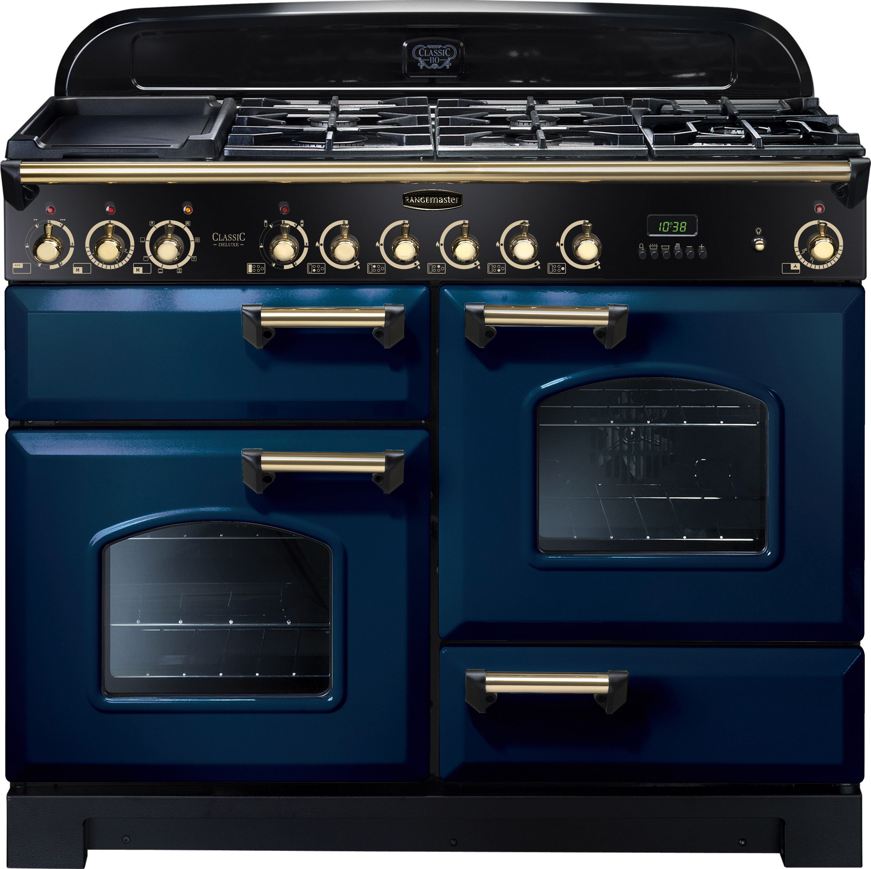 Rangemaster Classic Deluxe CDL110DFFRB/B 110cm Dual Fuel Range Cooker - Regal Blue / Brass - A/A Rated, Blue