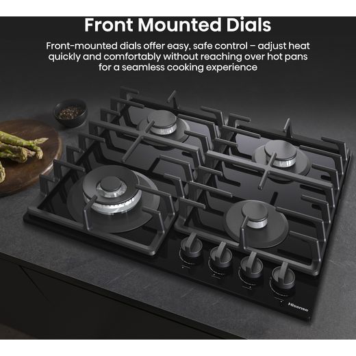 Hisense GG663BHF 60cm Gas Hob - Black - Annotation - Front mounted details shot 