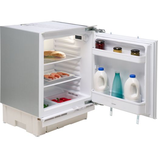 Indesit INBUL011.UK Integrated Under Counter 82cm High Fridge - Fixed Door Fixing Kit - White - Right perspective with door open shot