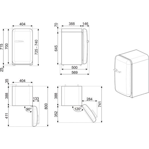 Smeg 50s Style Right Hand Hinged Minibar FAB5RBL6 72cm High Fridge - Black - Annotation - Dimension shot
