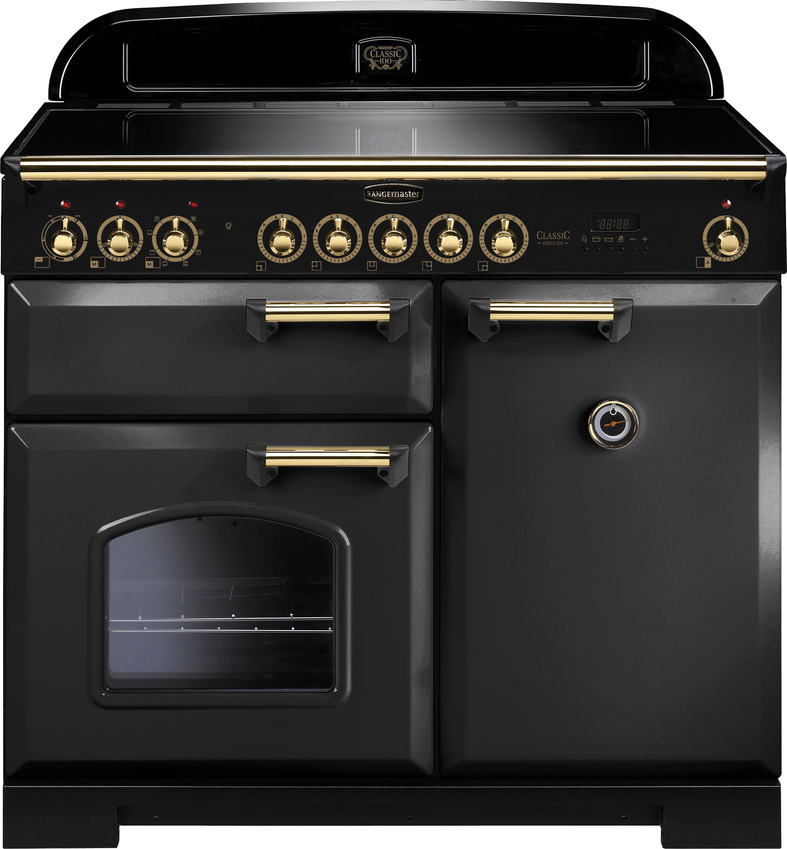 Rangemaster Classic Deluxe CDL100EICB/B 100cm Electric Range Cooker with Induction Hob - Charcoal Black / Brass - A/A Rated, Black
