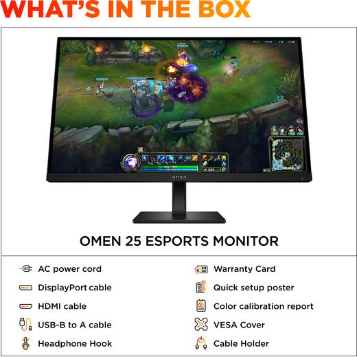 HyperX OMEN 24.5" Full HD 360Hz Gaming Monitor - annotation - what's in the box
