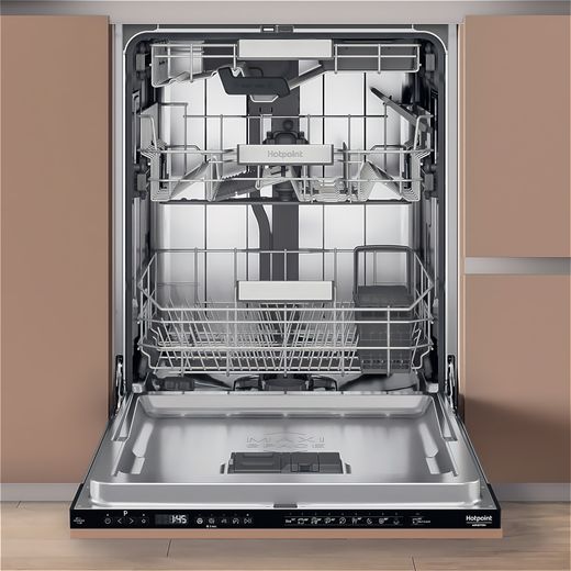 Hotpoint H8IHP42LUK Black - Front open dishwasher in cabinet shot