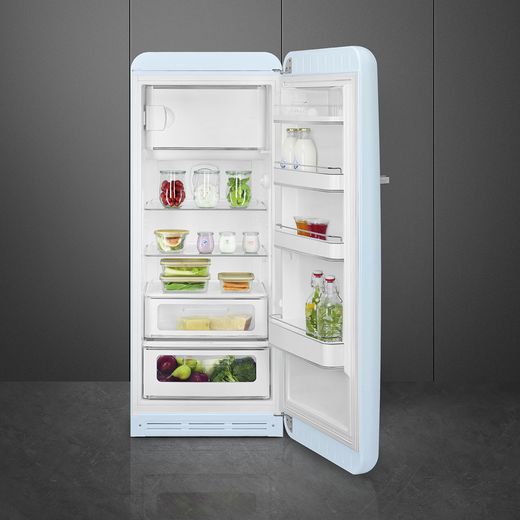 Smeg Right Hand Hinge FAB28RPB6UK 153cm High Small Fridge with Ice Box - Pastel Blue - Fridge with door open shot