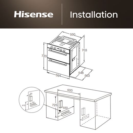 Hisense HIPKD4AX60IND Freestanding Electric Double Oven - Black / Stainless Steel - Annotation - Dimensions shot 