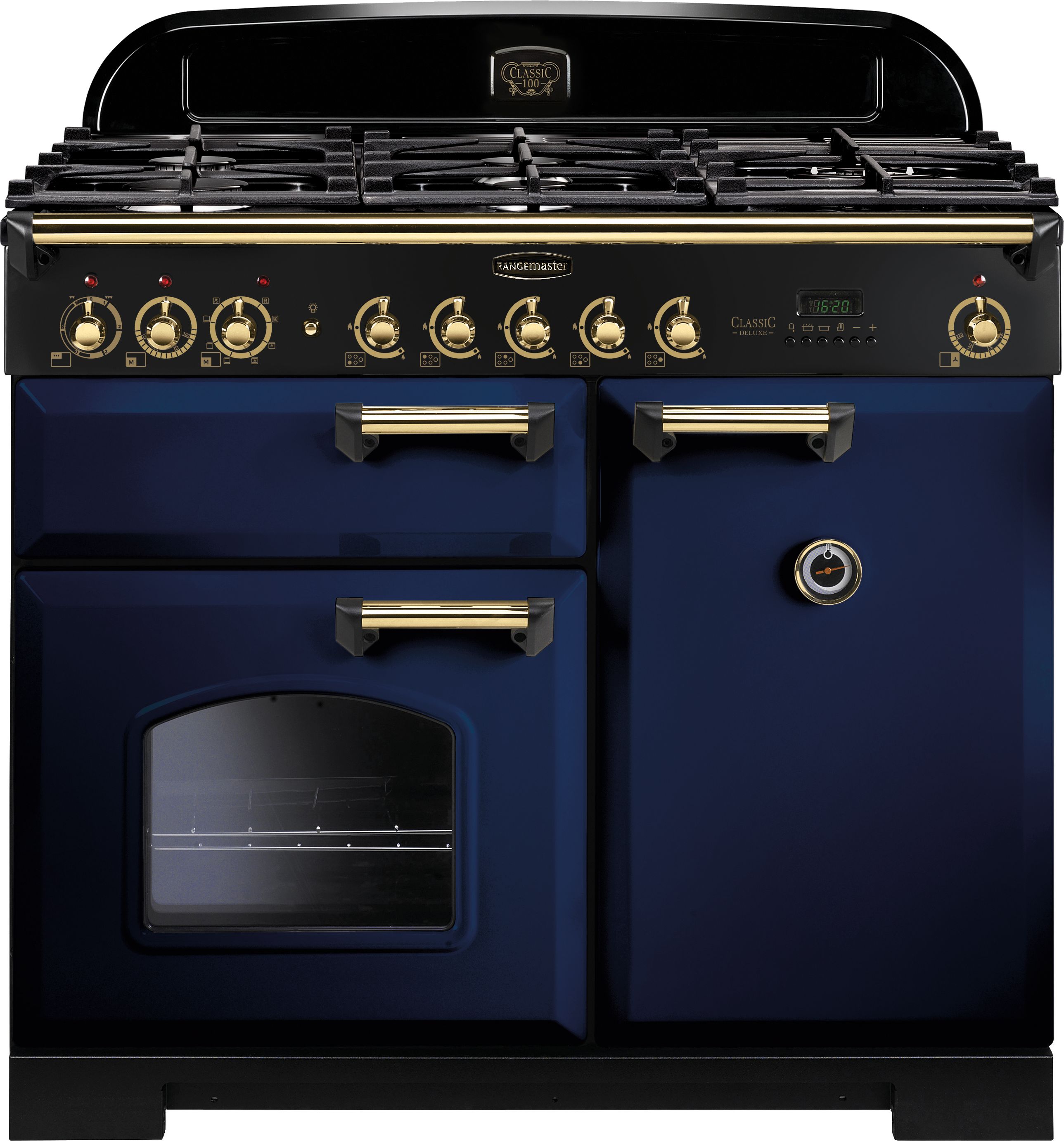 Rangemaster Classic Deluxe CDL100DFFRB/B 100cm Dual Fuel Range Cooker - Regal Blue / Brass - A/A Rated, Blue