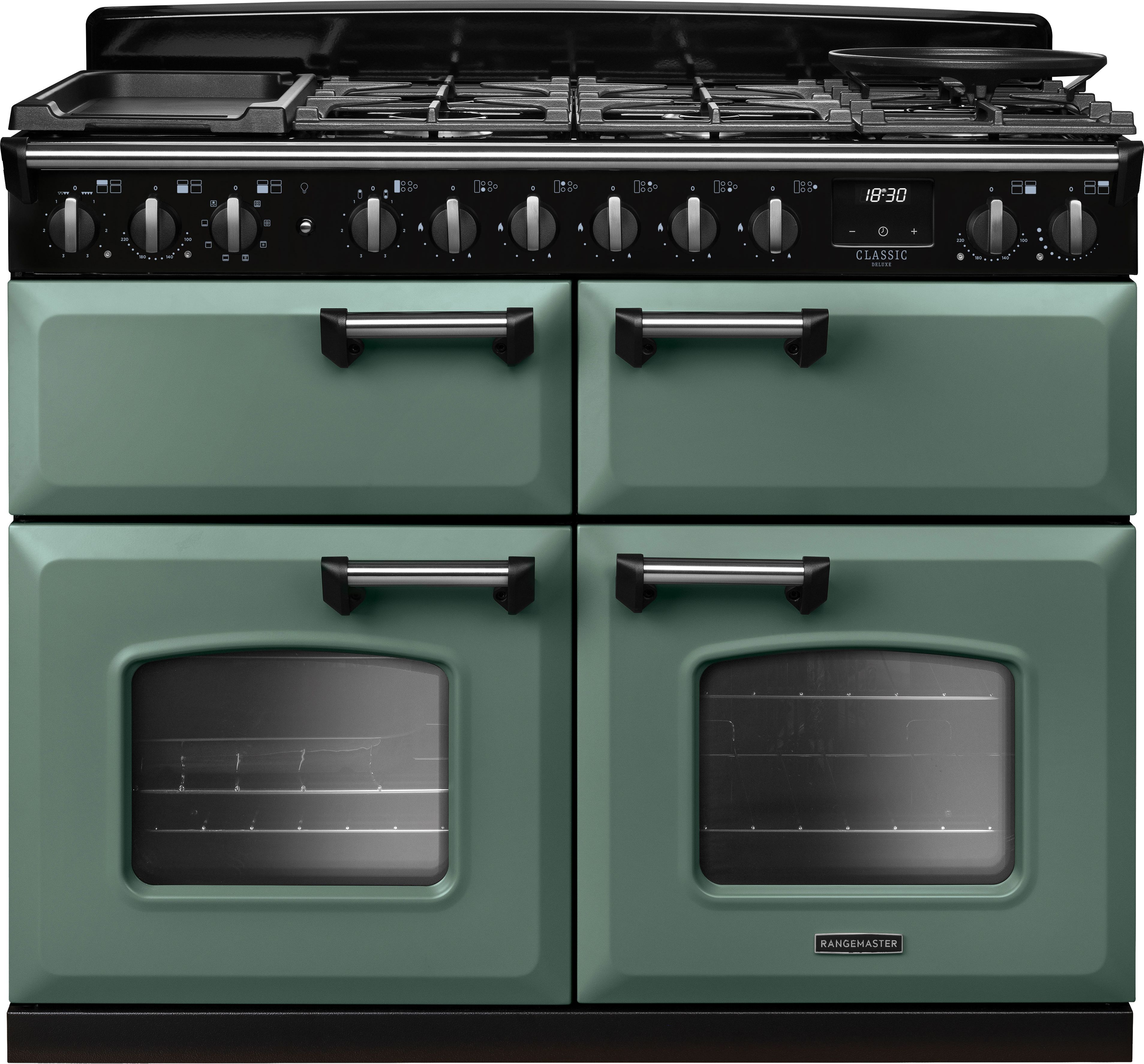 Image of Rangemaster Classic Deluxe CLDLB110DFPMGR/CM1 110cm wide Dual Fuel Range Cooker with Gas Hob - Green / Chrome - A Rated, Green / Chrome