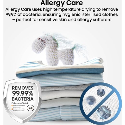Hisense 5i Series DH5I104BWAB Wifi Connected 10Kg Heat Pump Tumble Dryer - White - Annotation - Allergy care shot