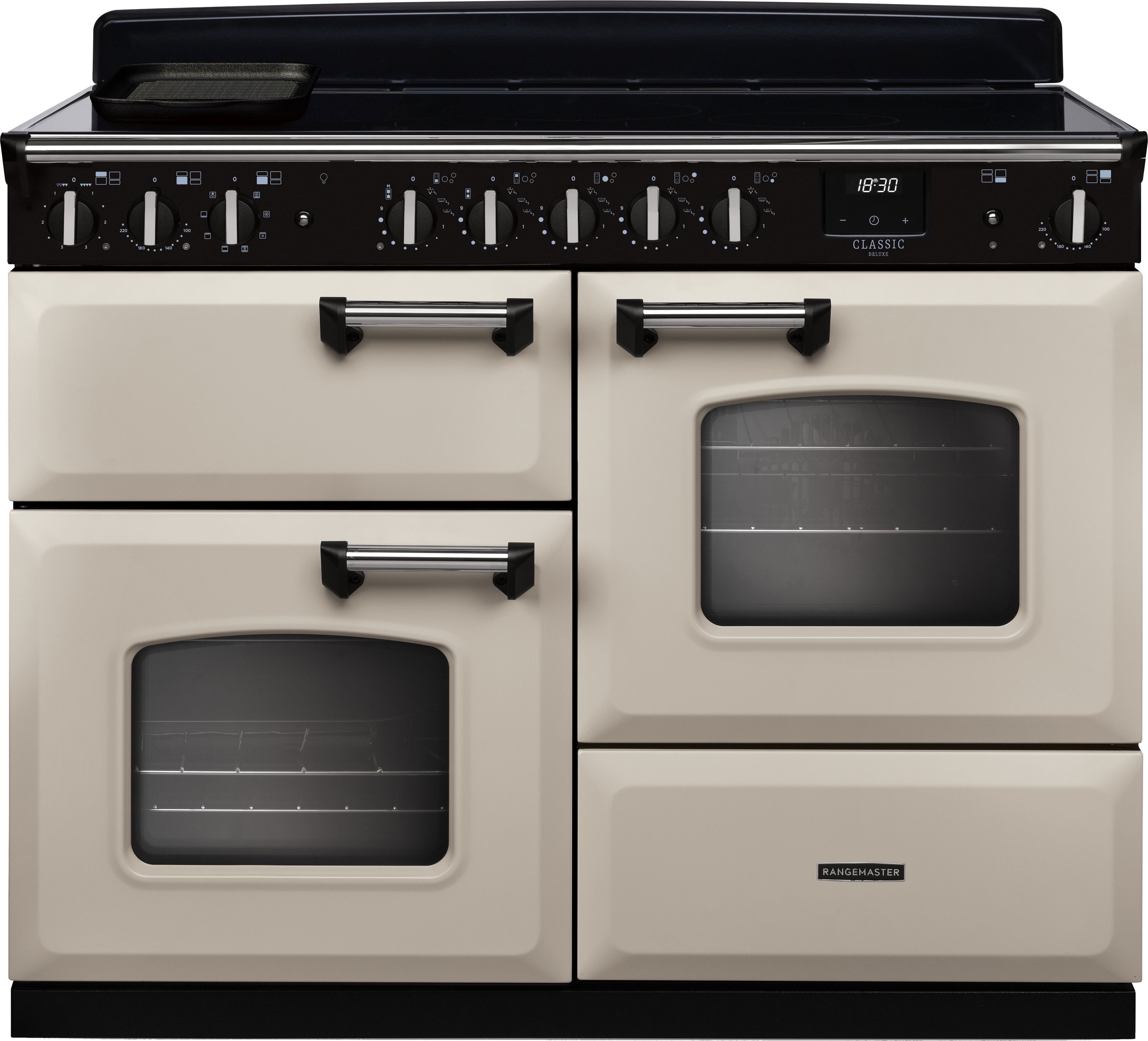 Image of Rangemaster Classic Deluxe OC CLDLO110EIPPCR/CM1 110cm wide Electric Range Cooker with Induction Hob - Cream / Chrome - A/A Rated, Cream