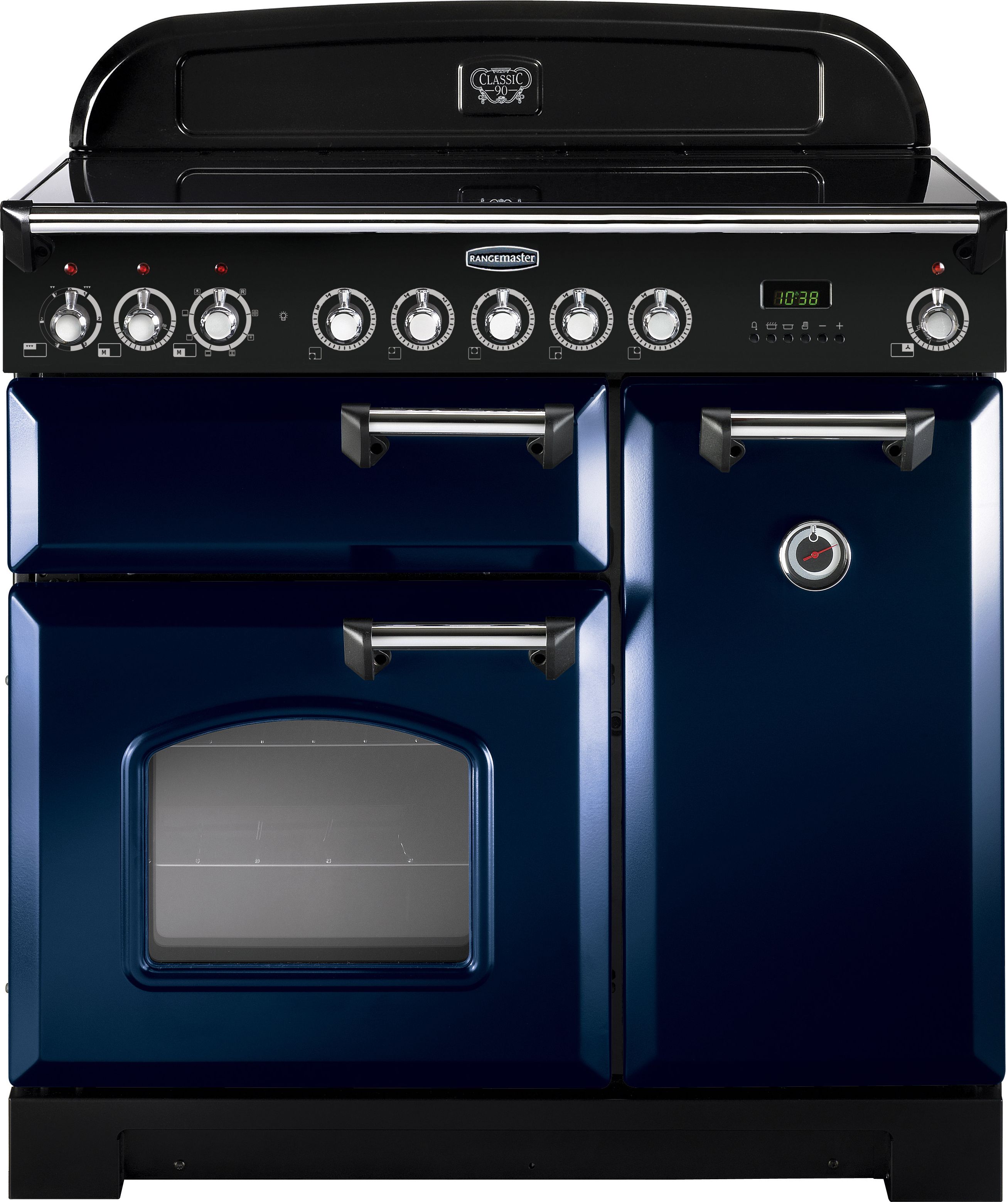 Rangemaster Classic Deluxe CDL90ECRB/C 90cm Electric Range Cooker with Ceramic Hob - Regal Blue / Chrome - A/A Rated, Blue