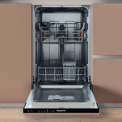 Hotpoint Integrated Slimline Dishwasher - White Control Panel - Door open
