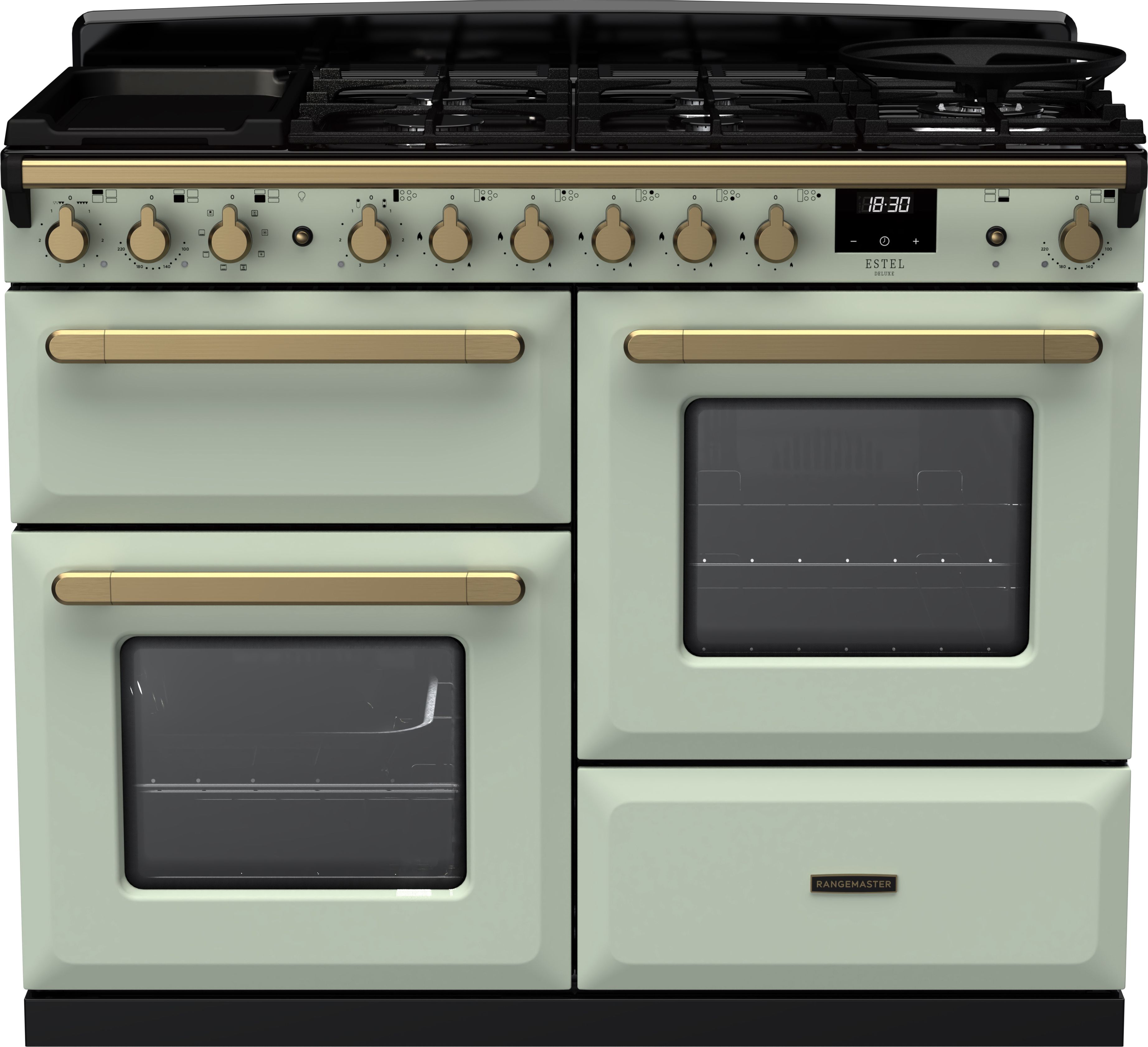 Image of Rangemaster Estel Deluxe ESDLO110DFPMNT/AB1 110cm wide Dual Fuel Range Cooker with Gas Hob - Mint / Antique Brass - A/A Rated, Green
