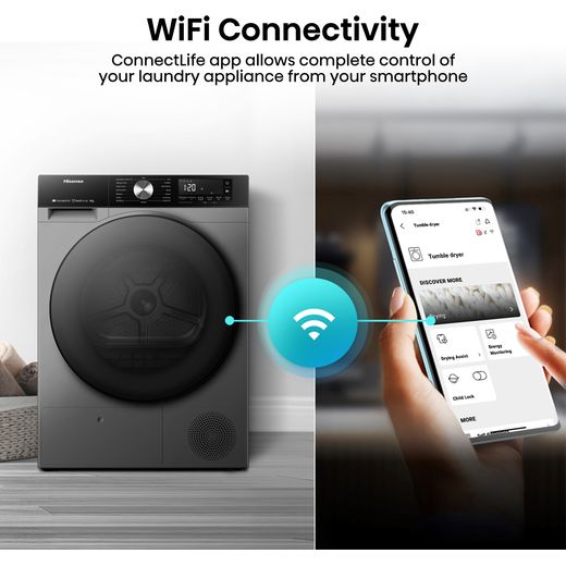 Hisense 3S Series DH3S802BT2 Wifi Connected Heat Pump Tumble Dryer - Titanium - Annotation - WiFi connectivity