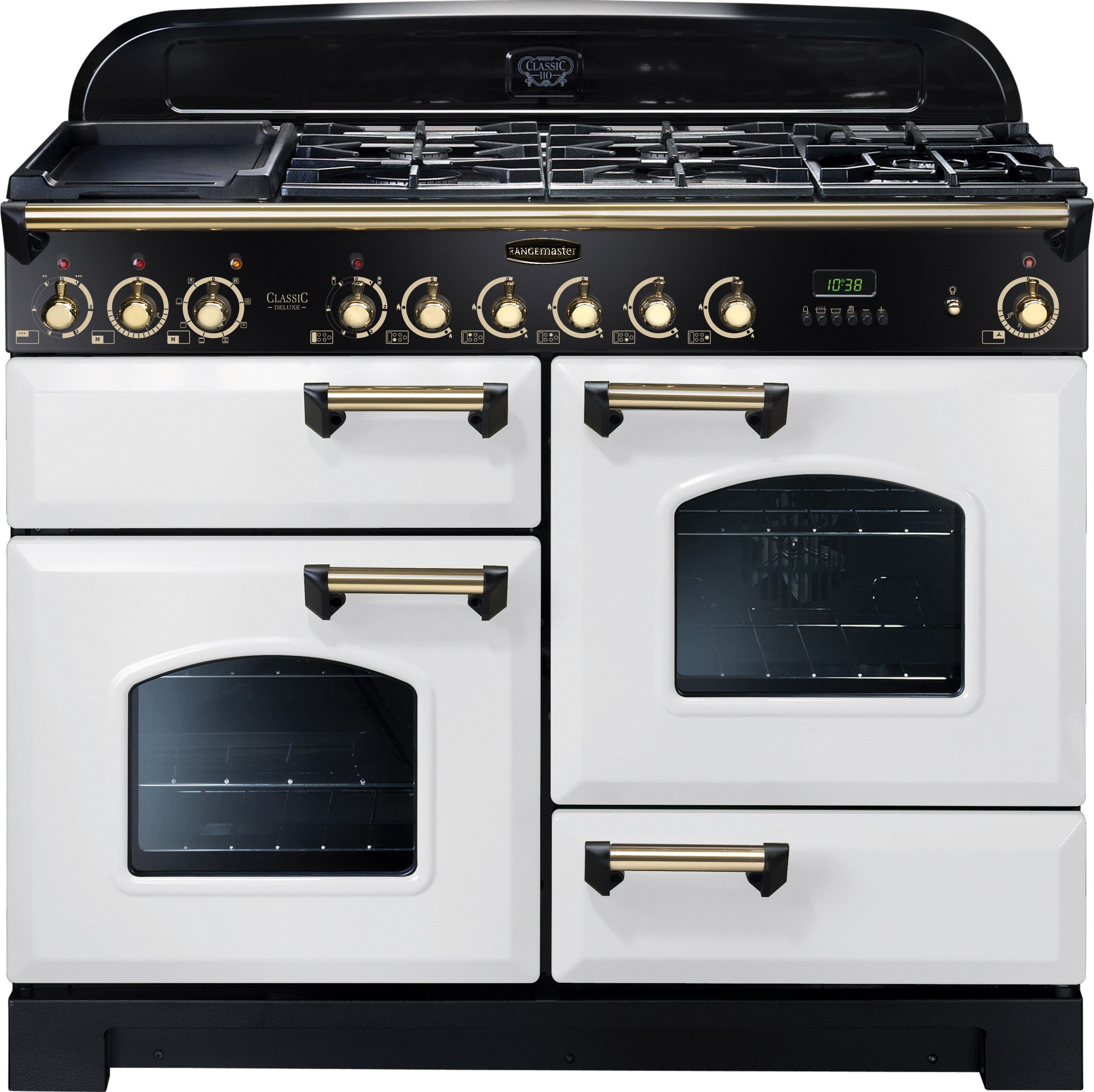 Rangemaster Classic Deluxe CDL110DFFWH/B 110cm Dual Fuel Range Cooker - White / Brass - A/A Rated, White