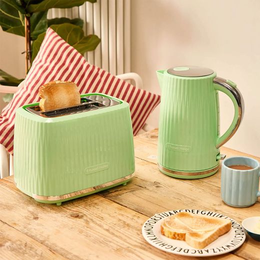 Russell Hobbs Eden 27374 Toaster - Pistachio - Toaster next to matching kettle in kitchen