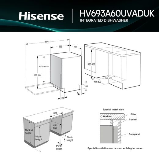 Hisense Integrated Standard Dishwasher - Black - Dimensions