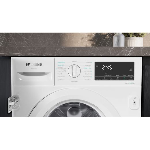 Siemens IQ-500 WK14D490GB Integrated 8Kg / 5Kg Washer Dryer with 1400 rpm - White -control panel in kitchen shot 
