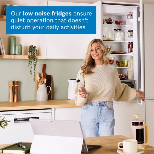 Bosch Series 2 KIN96NSE0G 194cm High 60/40 Integrated Fridge Freezer with Sliding Door Fixing Kit - White - Annotation - Low noise shot