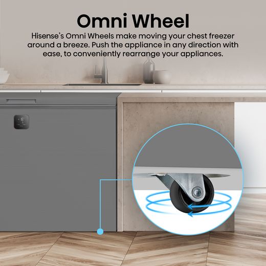 Hisense FT280WN3SGD Total No Frost Chest Freezer - Silver - Annotation - omni wheel shot 