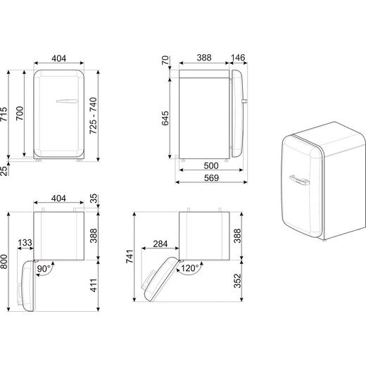 Smeg 50s Style Left Hand Hinged Minibar FAB5LCR6 72cm High Fridge - Cream - Annotation - dimension shot